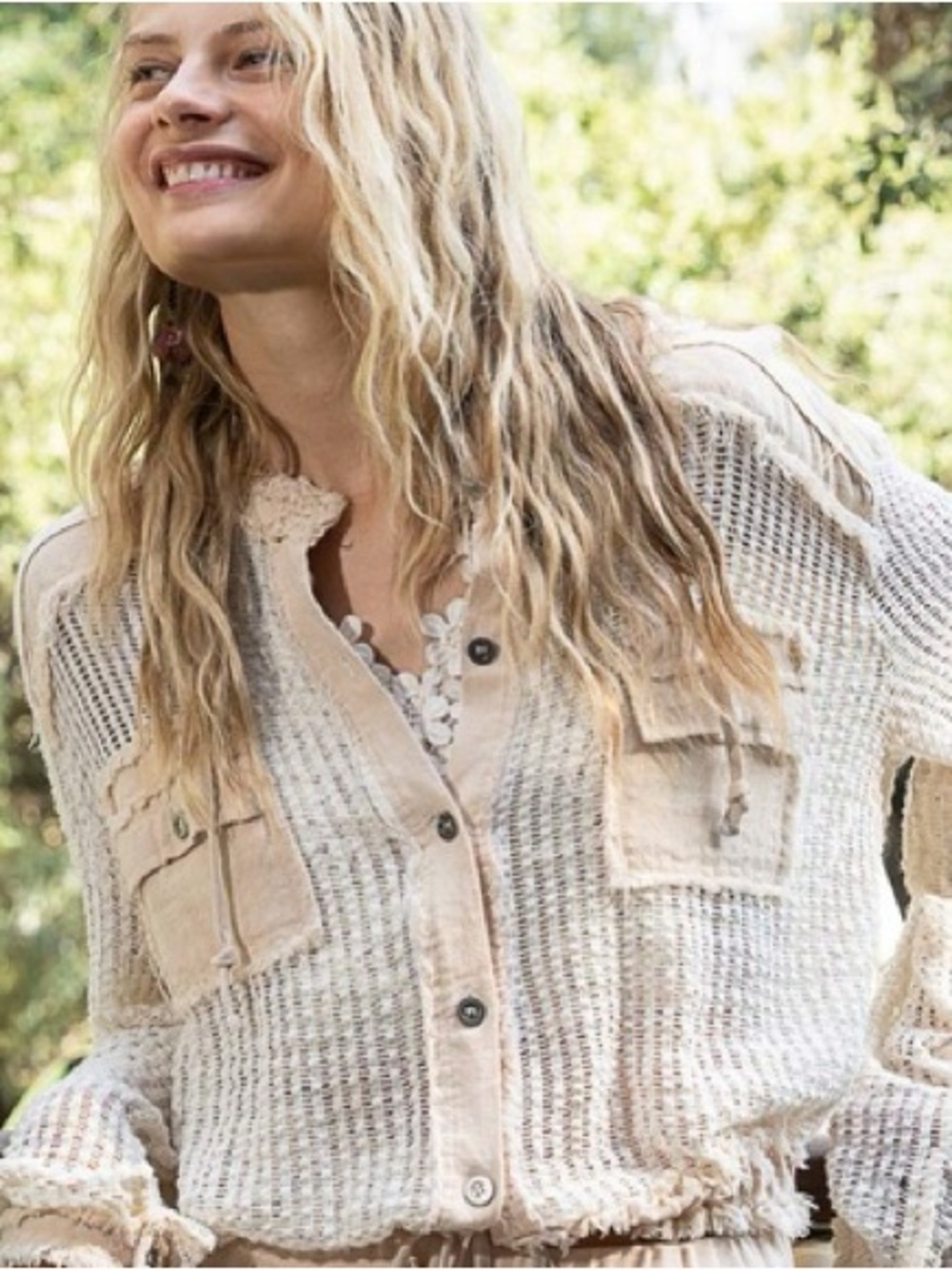 POL Open Knit Contrast Shacket Top Frayed Edges Raw Hem Cream Tan Large FWT421